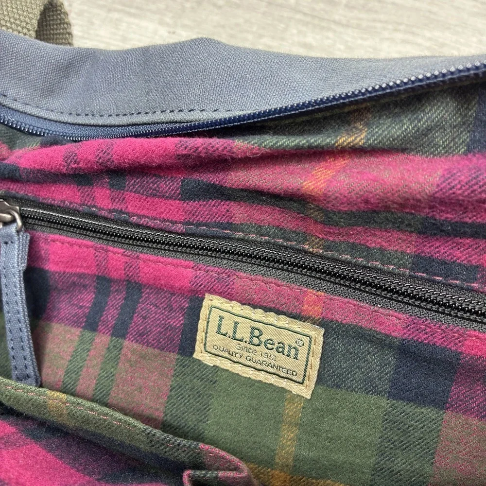 L.L. Bean Convertible Backpack Tote Bag Navy Blue Cotton Canvas Plaid 302477